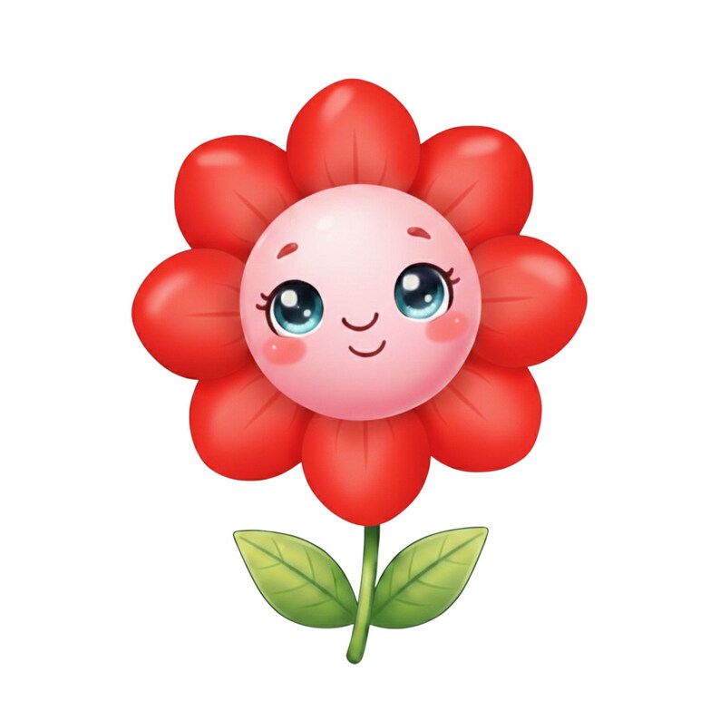 May include: A cartoon flower illustration with a pink face, large blue eyes, and red petals. The flower has green leaves and a green stem, set against a white background. The flower has a smiling expression, giving it a cheerful appearance.