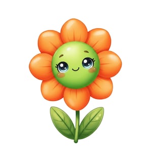 May include: A cartoon flower illustration with orange petals and a green face. The flower has large eyes and a smiling expression, with green leaves and stem. The image is set against a white background.