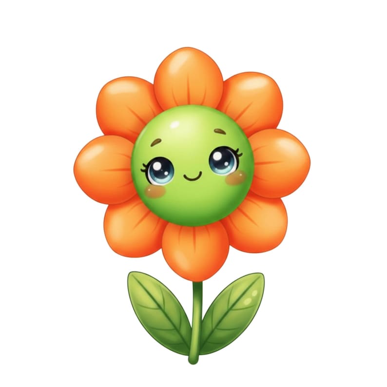 May include: A cartoon flower illustration with orange petals and a green face. The flower has large eyes and a smiling expression, with green leaves and stem. The image is set against a white background.