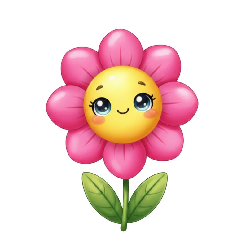 May include: A cartoon flower with a smiling yellow centre and pink petals. The flower has large blue eyes and rosy cheeks, with green leaves and a stem. The image is a cheerful illustration, suitable for children's products.