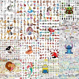 May include: A collage of cartoon character illustrations, featuring Disney characters such as Mickey Mouse, Ariel, and Stitch, alongside characters from other animated films. The images are in various sizes and colours, creating a diverse and visually engaging assortment.