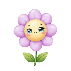 May include: A cartoon flower illustration with a smiling face, yellow centre, and lavender petals. The flower has large eyes, rosy cheeks, and green leaves. The image is set against a white background.