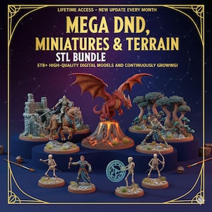May include: Promotional image for a Mega DND miniatures and terrain STL bundle. The image showcases fantasy miniatures, including a red dragon, a knight on horseback, and skeleton figures. Text on the image reads "MEGA DND, MINIATURES & TERRAIN STL BUNDLE" and "LIFETIME ACCESS - NEW UPDATE EVERY MONTH."