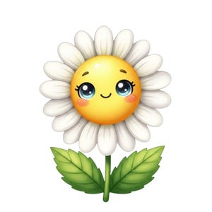 May include: A cartoon daisy with a smiling yellow centre, white petals, and green leaves. The daisy has large blue eyes and rosy cheeks, giving it a cheerful appearance. The image is set against a white background.
