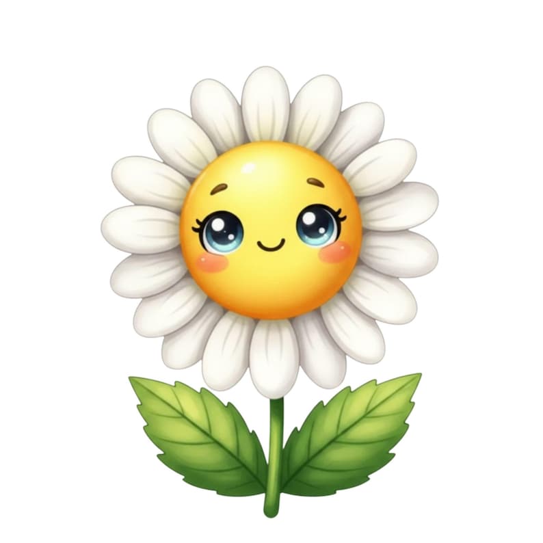 May include: A cartoon daisy with a smiling yellow centre, white petals, and green leaves. The daisy has large blue eyes and rosy cheeks, giving it a cheerful appearance. The image is set against a white background.