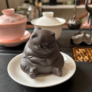 May include: A dark brown ceramic cat figurine sitting on a small white saucer. The cat has a rounded body and a slightly grumpy expression. Other tea ceremony items are in the background.