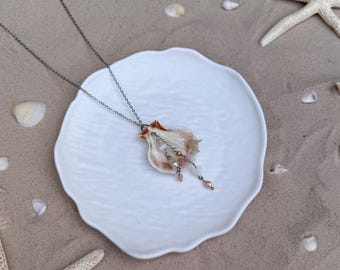 Handmade Seashell Necklace: Stainless Steel Chain & Freshwater Pearl