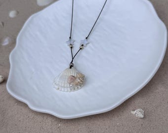 Handmade Seashell Necklace, Stainless Steel Chain & Freshwater Pearl