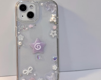 Handmade Resin Phone Case with Charms: Stars, Bows, Pearls, Teddy Bear