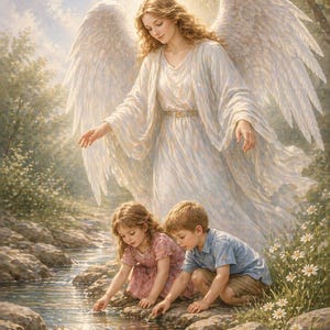 May include: A serene painting depicts an angel with large white wings, watching over two children by a stream. The angel wears a flowing white gown. The children are touching the water. The scene is set in a lush, green environment.