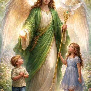 May include: A digital painting of an angel with large white wings, wearing a green robe and holding a golden staff. Two children look up at the angel. A dove is perched on the staff. The background is a garden with flowers.