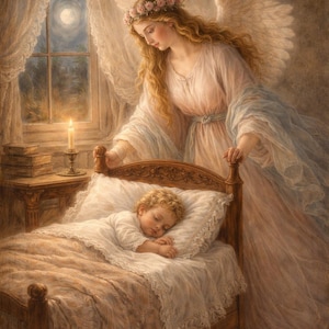 Puede incluir: Una pintura serena representa a un niño dormido en una cama de madera, vigilado por un ángel alado. El ángel, adornado con una corona floral, tiene el pelo largo y suelto y lleva una túnica fluida. Una vela encendida y una ventana con vista a la luz de la luna completan la escena pacífica.