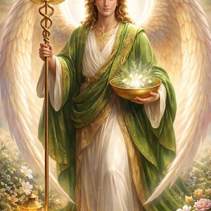 Peut inclure: Illustration numérique d'un ange aux cheveux dorés, aux ailes blanches et à la robe verte avec des bordures dorées. L'ange tient un bâton doré avec un caducée et un bol doré avec des fleurs blanches. Une lanterne et des fleurs lumineuses sont au premier plan.