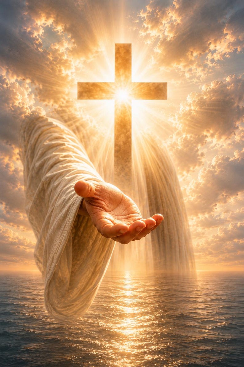 Christian Cross Print – Hand Reaching, Ocean Light, Spiritual Wall Art ...