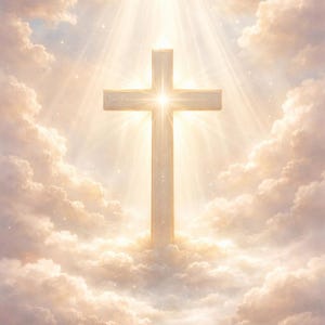 May include: A bright image of a Christian cross, with light shining from behind. The cross is in the centre, with a bright glow from its centre, surrounded by fluffy, white and gold clouds. The overall theme is religious and spiritual.