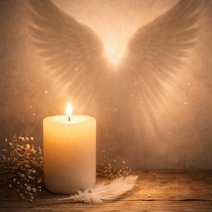 May include: A burning white candle emits a warm glow, with a white feather and small flowers on a wooden surface. The background features the shadow of angel wings. The scene is softly lit.