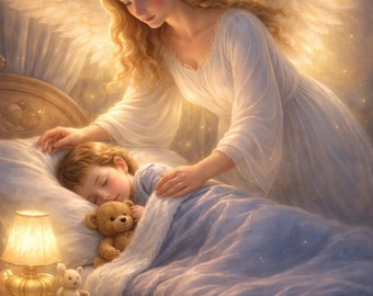 Guardian Angel Print – Watching Over Sleeping Child, Spiritual Nursery Decor (Digital Download)