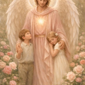 Puede incluir: Pintura digital de un ángel con grandes alas blancas, vestido con una túnica rosa, abrazando a dos niños. Los niños están rodeados de rosas rosas. El ángel tiene una luz brillante en su pecho.