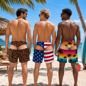 May include: Three pairs of swim trunks with cut-out back designs. The first pair features a brown and black leopard print. The second pair displays the American flag with stars and stripes. The third pair shows a sunset palm tree silhouette pattern.