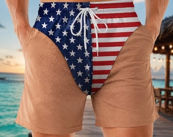 Custom Funny Patriotic Men's Swim Trunks, Custom American USA Flag Beach Shorts, 4th of July Swim Shorts For Him, Beach Summer Vacation Gift