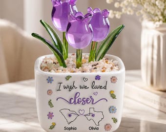 I Wish We Lived Closer Gift for Sister, Personalized Glass Everlasting Tulips, Custom Friendship Flower Keepsake, Birthday Gift For Friend