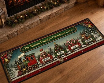 Personalized Christmas Train Runner Rug, Custom Family Name Holiday Rug, Festive Christmas Entryway Decor, Family Gift, Holiday Home Decor