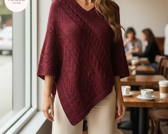 Poncho de punto trenzado, jersey de cuello en V extragrande, top de punto cómodo para mujer