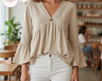 Blusa peplum de algodón, top bohemio con cuello en V y mangas acampanadas, túnica veraniega fluida.