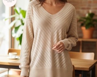 V-Neck Ribbed Knit Sweater, Soft Casual Pullover, Loose Fit Fashion Top