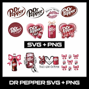 Paquete de SVG y PNG de Dr Pepper / Logotipo de refresco, diseños femeninos, lazos de corazones / Archivos de corte de silueta de Cricut / Descarga instantánea