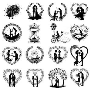 Puede incluir: Una colección de diseños de siluetas en blanco y negro que representan parejas en varios escenarios románticos. Las imágenes incluyen parejas abrazándose, propuestas y paseos en bicicleta, todo dentro de marcos decorativos.