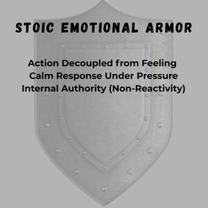 May include: A digitally rendered image of a silver shield with the words "STOIC EMOTIONAL ARMOR" at the top. Below the title are the phrases "Action Decoupled from Feeling", "Calm Response Under Pressure", and "Internal Authority (Non-Reactivity)".