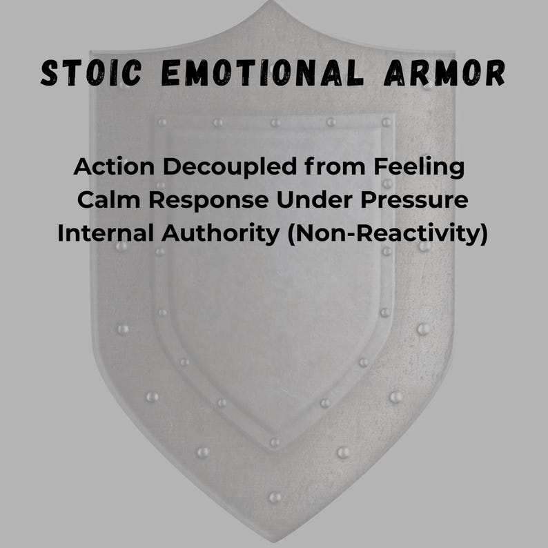 May include: A digitally rendered image of a silver shield with the words "STOIC EMOTIONAL ARMOR" at the top. Below the title are the phrases "Action Decoupled from Feeling", "Calm Response Under Pressure", and "Internal Authority (Non-Reactivity)".