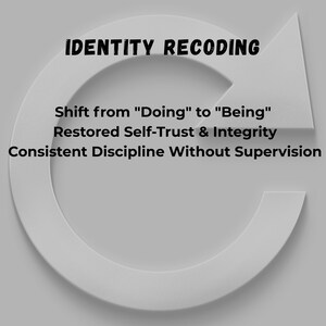 May include: A white arrow-shaped design forming a circle, with the words "IDENTITY RECODING" at the top. Below, the text reads: "Shift from 'Doing' to 'Being,' Restored Self-Trust & Integrity, Consistent Discipline Without Supervision."