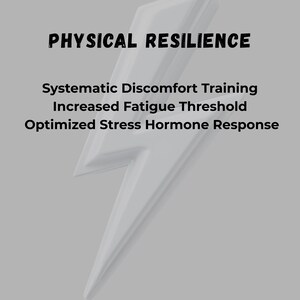 May include: A gray graphic with the words "PHYSICAL RESILIENCE" in bold black letters. Below, the text lists "Systematic Discomfort Training," "Increased Fatigue Threshold," and "Optimized Stress Hormone Response."