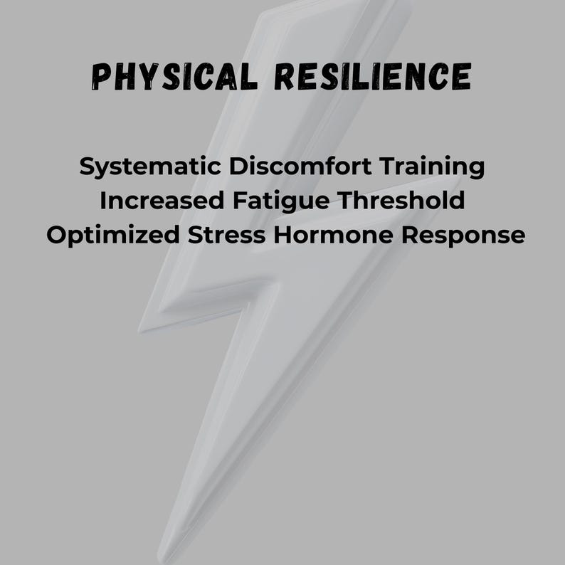 May include: A gray graphic with the words "PHYSICAL RESILIENCE" in bold black letters. Below, the text lists "Systematic Discomfort Training," "Increased Fatigue Threshold," and "Optimized Stress Hormone Response."