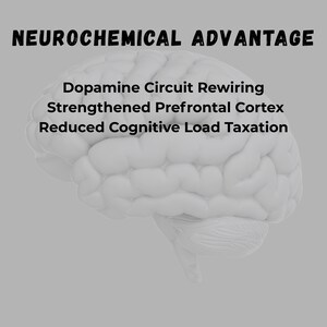 May include: A grayscale illustration of a human brain, with the words "NEUROCHEMICAL ADVANTAGE" at the top. Below the title are the phrases "Dopamine Circuit Rewiring", "Strengthened Prefrontal Cortex", and "Reduced Cognitive Load Taxation".
