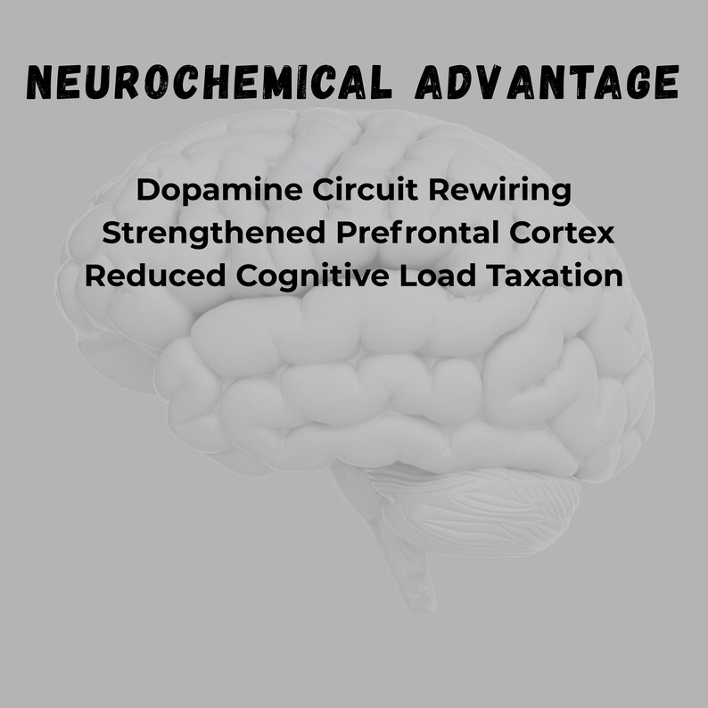 May include: A grayscale illustration of a human brain, with the words "NEUROCHEMICAL ADVANTAGE" at the top. Below the title are the phrases "Dopamine Circuit Rewiring", "Strengthened Prefrontal Cortex", and "Reduced Cognitive Load Taxation".