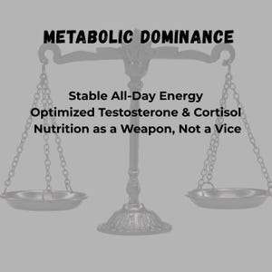 May include: An image of a balance scale with the words "METABOLIC DOMINANCE" at the top. Below the title are the words "Stable All-Day Energy", "Optimized Testosterone & Cortisol", and "Nutrition as a Weapon, Not a Vice". The background is a solid gray color.