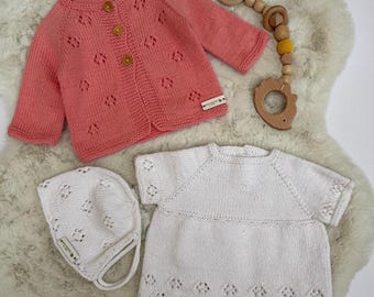 cotton knit newborn set,organic cotton knitting cardigan dress and bonet hat, baby girl shower gift