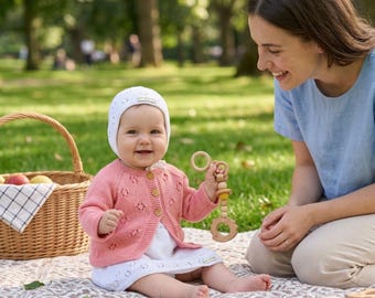 Conjunto de punto de algodón para recién nacida, cárdigan de punto de algodón orgánico y gorro con capucha, regalo para baby shower de niña