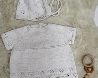 summer knitted newborn set, knitting white dress and bonet hat,organic cotton baby girl clothes, newborn  shower gift