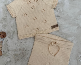katoenen gebreide babyset, top zomerkleding shorts, babymeisjesoutfit