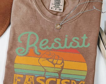 Resist Fascism Retro Sunset Graphic T-Shirt | Vintage Comfort Colors Activism Apparel