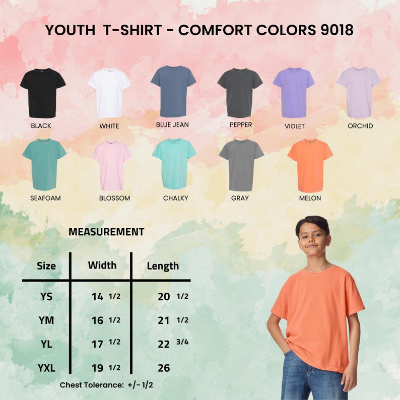 May include: A display of youth t-shirts in various colors, including black, white, blue jean, pepper, violet, orchid, seafoam, blossom, chalky, gray, and melon. The image also shows a size chart with measurements in inches and a young person wearing a melon-colored t-shirt.