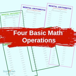 May include: Several worksheets for mental arithmetic, including multiplication and division problems. The worksheets are in shades of green, pink, and purple, with the title "Four Basic Math Operations" in large red letters.