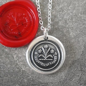 By Effort And Hard Work - Wax Seal Necklace - Forget Me Not Flower Antique Wax Seal Jewelry Latin Motto In Silver