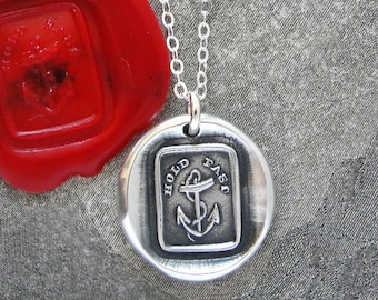 Hold Fast - Wax Seal Necklace With Anchor Hope Motto - Antique Silver Jewelry