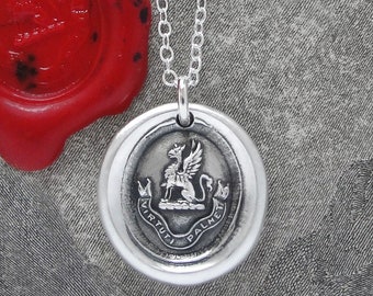 To The Brave Reward - Griffin Wax Seal Necklace - Strength Courage Boldness antique wax seal charm jewelry Gryphon Latin Motto