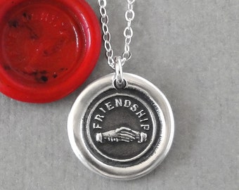 Friendship - Wax Seal Necklace With Clasped Hands - Antique Silver Wax Seal Jewelry Celebrating Friends